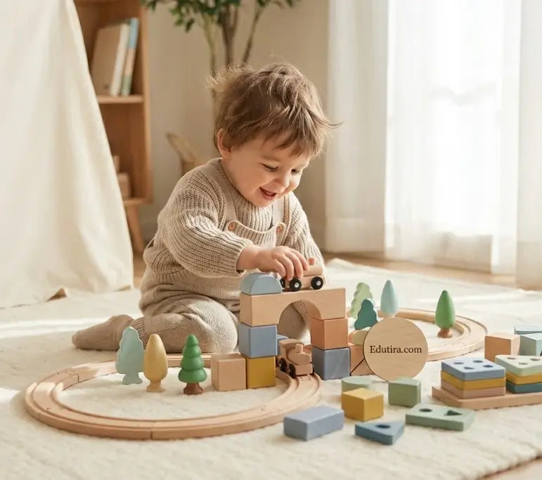 Bé chơi đồ chơi gỗ thông minh